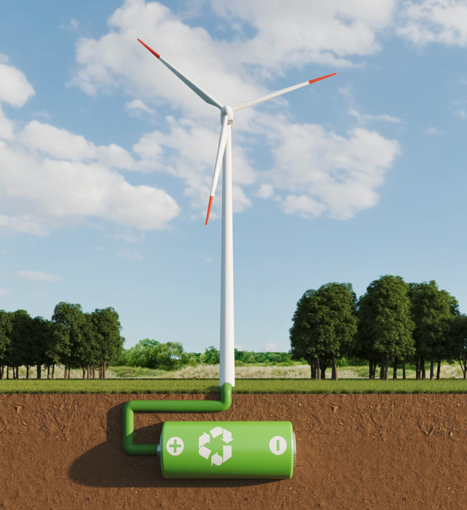 a wind turbine with a battery attached to it